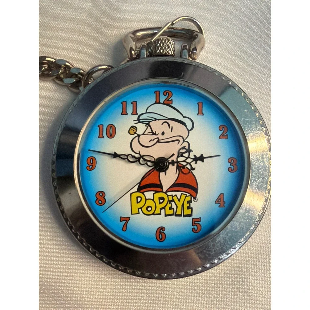 Popeye the Sailor Man Pocket Watch Silver Tone Chain Belt Clip Collectible Ticks